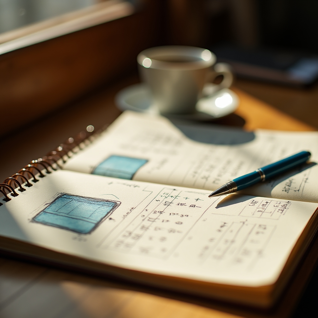 Cuaderno con anotaciones y cálculos sobre consumo de agua caliente apoyado sobre un escritorio de madera