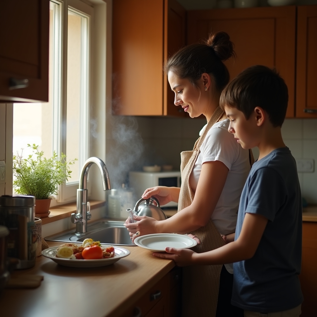Familia en la cocina de su vivienda usando agua caliente para tareas domésticas cotidianas