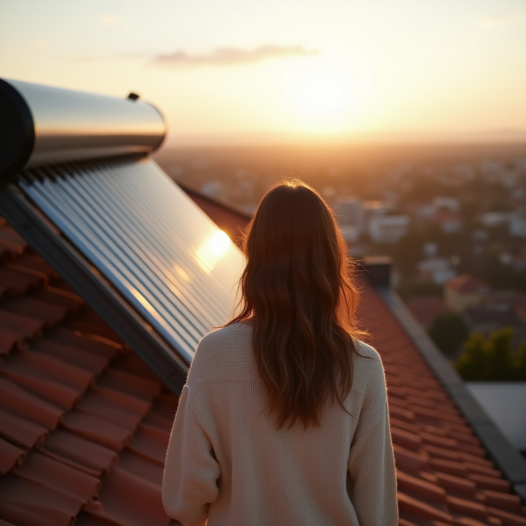 Techo de una vivienda familiar con colector solar de tubos de vacío instalado bajo un cielo despejado