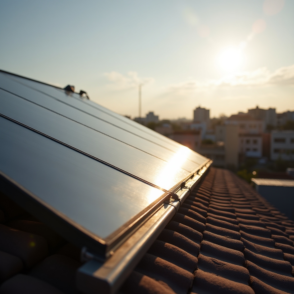 Colectores solares orientados hacia el norte instalados sobre el techo de una vivienda familiar
