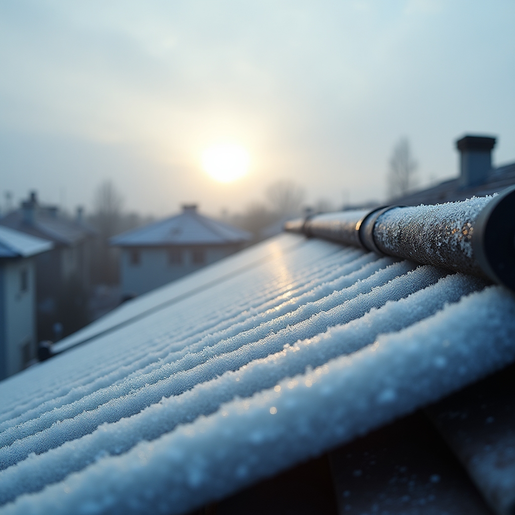 Techo con colector solar de tubos de vacío cubierto de escarcha durante una mañana de invierno en la zona centro de Argentina